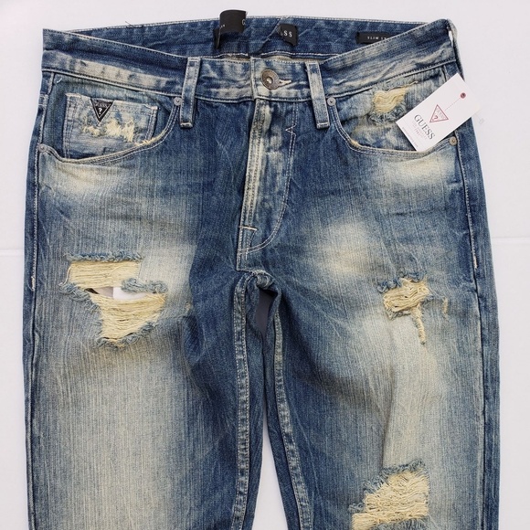 New Men's sz 32 GUESS Slim Straight Distress Jeans - Picture 3 of 8
